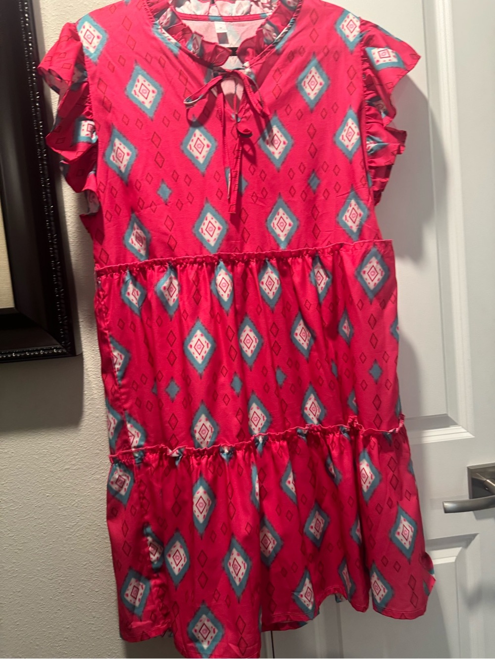 Girls' Bright Pink Diamond-Print Ruffle Tier Dress with Tie Neck